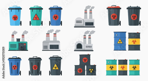 Various hazardous waste containers and industrial facilities are shown outdoors.