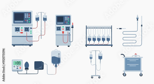Medical equipment setup for patient treatment in a hospital environment with machines