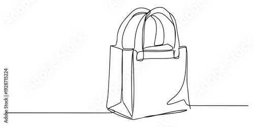 A continuous single line drawing of a reusable shopping bag, line art style illustration.