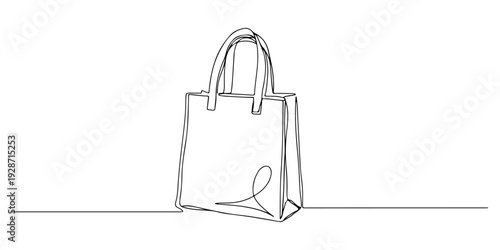 A continuous single line drawing of a reusable shopping bag, line art style illustration.