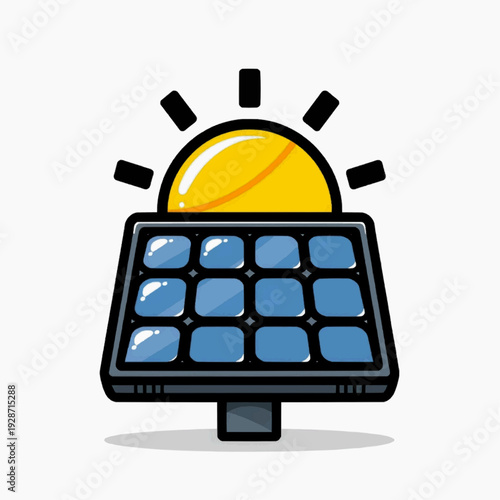 A vector graphic illustration of a solar panel with a sun behind it