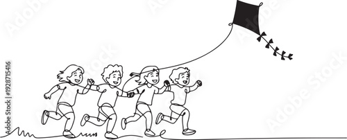 Happy healthy children with kite run together outdoor. Friends together have fun. one line art icon drawing vector