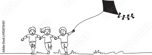 Happy healthy children with kite run together outdoor. Friends together have fun. one line art icon drawing vector