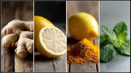 Wallpaper Mural Fresh ginger root, sliced lemon, vibrant turmeric powder, and refreshing mint leaves for natural health and culinary uses Torontodigital.ca