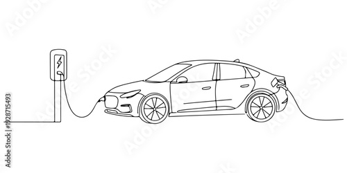 A continuous single line drawing of an electric car charging, line art style illustration.