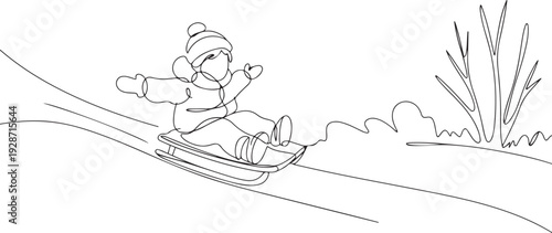 Continuous one line drawing of children have fun sledding down a snow slide. Child boy or girl in warm clothes walks in winter park. one line art icon drawing vector