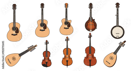 A comprehensive collection of diverse string musical instruments, featuring various acoustic guitars, violins, cellos, mandolins, and a banjo.