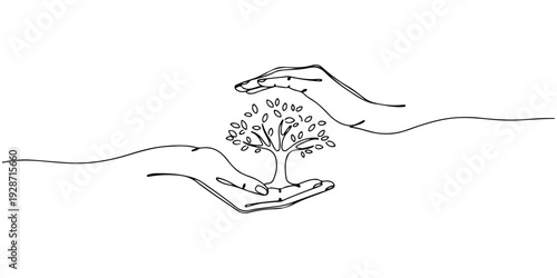 A continuous single line drawing of a two hands joining to protect a tree, line art style illustration.