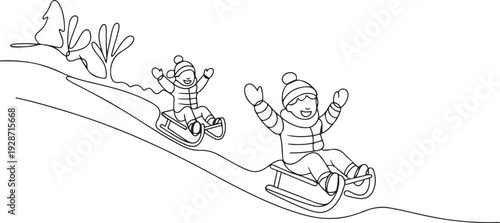 Continuous one line drawing of children have fun sledding down a snow slide. Child boy or girl in warm clothes walks in winter park. one line art icon drawing vector