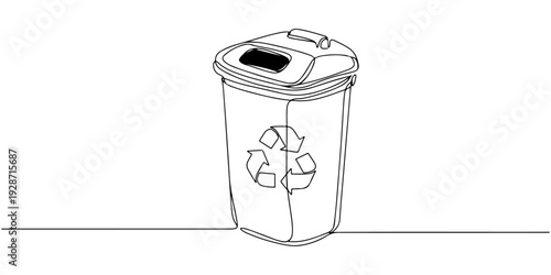 A continuous single line drawing of a trash bin with recycling arrows, line art style illustration.