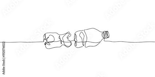 A continuous single line drawing of a broken plastic bottle polluting water, line art style illustration.
