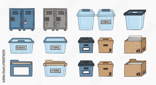 A collection of various storage containers and boxes are neatly arranged indoors.