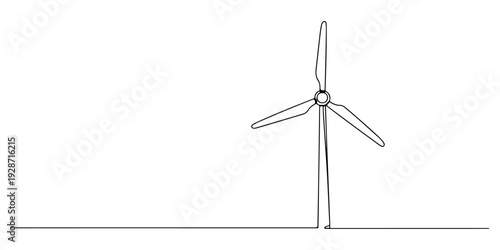 A continuous single line drawing of a wind turbine with simple blades, line art style illustration.