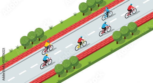 Cyclists ride on a marked road with green grass and red brick sidewalks, from an isometric view.
