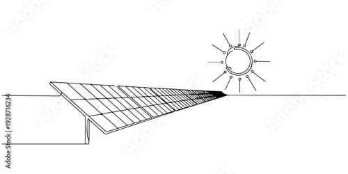 A continuous single line drawing of a solar panel facing the sun, line art style illustration.
