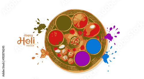 Vibrant holi celebration colors in circular plate with paint splatters on white background festive atmosphere and joyful mood