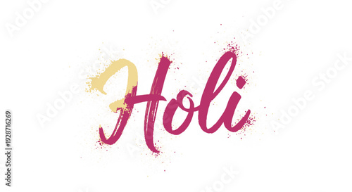 Vibrant pink and yellow holi text splashed with powdered colors on a clean white background evoking celebration