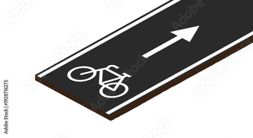 An isometric view shows a black road segment with a white bicycle symbol and a white arrow.