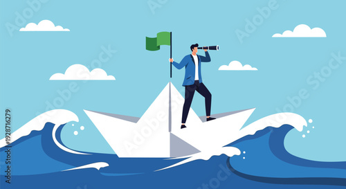 Businessman navigating challenges on paper boat