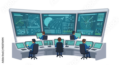 Air traffic controllers monitor radar, flight paths, and data on screens at a curved console.