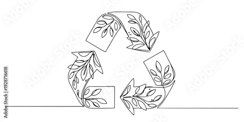 A continuous single line drawing of a recycling symbol formed from leaves, line art style illustration.