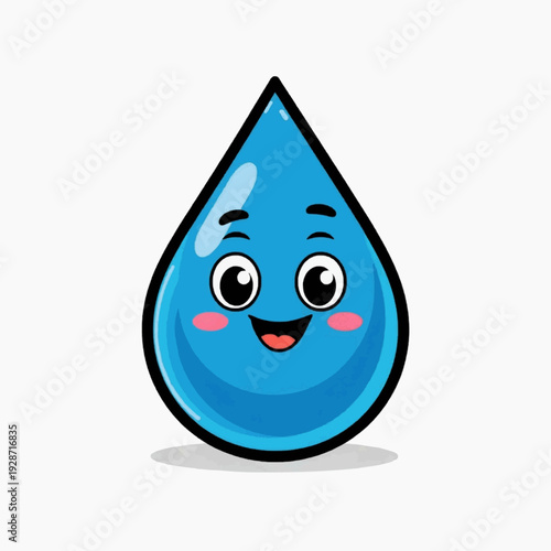 A cheerful cartoon water drop with a smiling face and big eyes