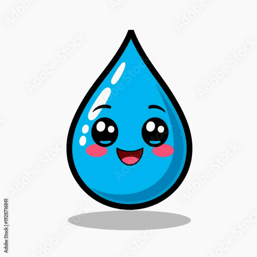 A cheerful cartoon water drop with a smiling face and rosy cheeks