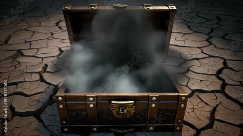 ひび割れた大地に開く宝箱から黒霧が噴き上がる崩壊の予兆