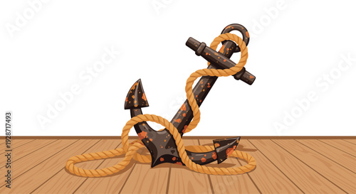 A heavily rusted dark metal anchor with a thick coiled rope resting firmly on a rustic wooden plank deck on a white background.