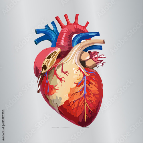 Cutaway illustration of the human heart revealing internal anatomy from a left‑side perspective in a neutral laboratory setting