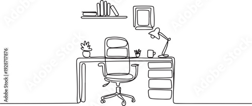 Home office interior in one continuous line drawing. Working area for business or freelance in simple linear style. one line art icon drawing vector