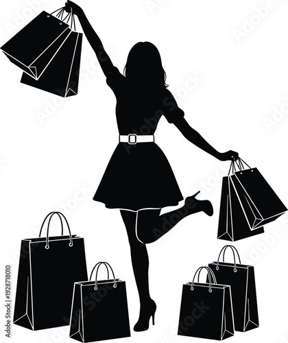 Silhouette of a happy woman holding many shopping bags and posing isolated on white background for retail consumerism seasonal sale fashion lifestyle