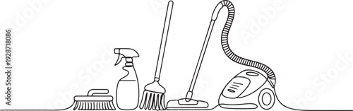 Continuous one line drawing of Cleaning sevice tools. Single line drawing illustration of Cleaning service and detergent products. one line art icon drawing vector