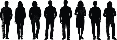 Diverse group of professional men and women standing in a row as black silhouettes isolated on white background for business community teamwork