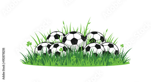A cluster of classic black and white soccer balls partially nestled within a lush patch of vibrant green grass, interspersed with small clover leaves.