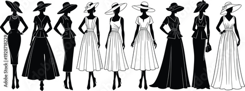 Collection of nine elegant women silhouettes wearing vintage dresses and wide brim hats, classic mid-century fashion poses isolated on a white background.