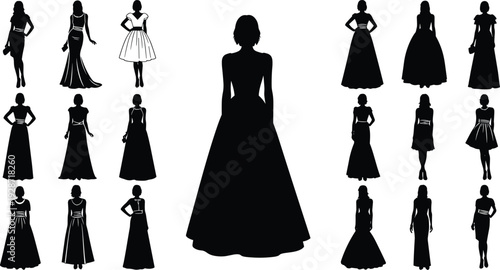 Collection of eighteen elegant women silhouettes wearing various evening gowns and cocktail dresses, formal fashion poses for party and event design, white background.