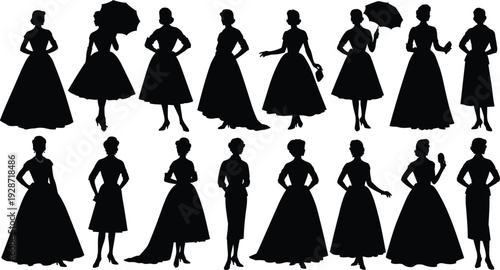 Collection of sixteen black silhouettes of elegant women in vintage mid-century dresses and gowns, classic retro fashion poses isolated on white background.