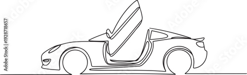 Continuous one line drawing of Sports car open the door. Single line drawing illustration of Car opened the door. one line art icon drawing vector