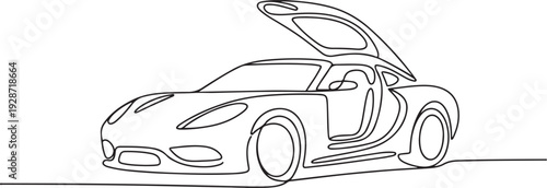 Continuous one line drawing of Sports car open the door. Single line drawing illustration of Car opened the door. one line art icon drawing vector