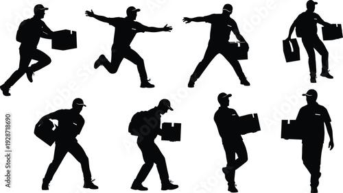 Silhouettes of delivery men carrying cardboard boxes in various action poses like running and walking, logistics and courier service concept on white background.