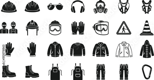 Large collection of industrial safety equipment icons including helmets, gloves, boots, and protective clothing, construction site personal protective gear on white background.