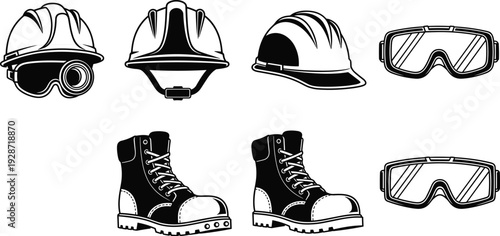 Set of industrial safety equipment icons including hard hats, protective goggles, and work boots, construction site personal protective gear isolated on white background.