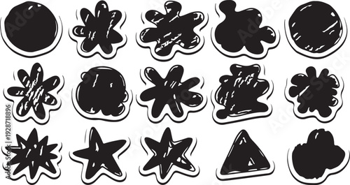 A playful collection of hand-drawn black scribble icons designed as individual stickers with thick white borders. These textured elements feature abstract stars, organic blobs and circular scribbles.