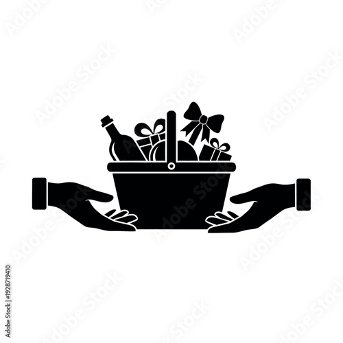 Hands holding gift basket with wine and presents.