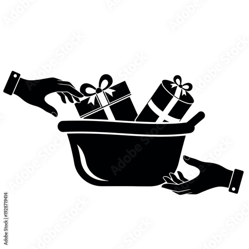 Hands exchanging gift boxes in a basket.