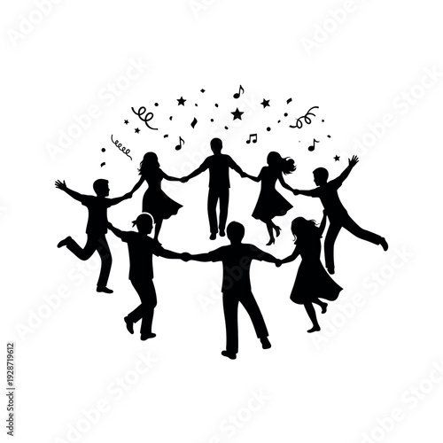 Silhouettes of people dancing in a circle with music notes and confetti.