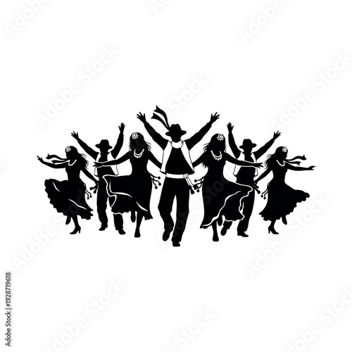 Silhouettes of people dancing in a lively celebration.