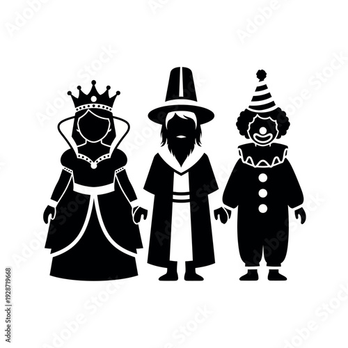 Three people in costume queen wizard clown.
