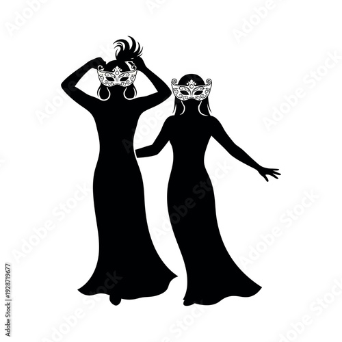 Two women in elegant dresses wearing masquerade masks.